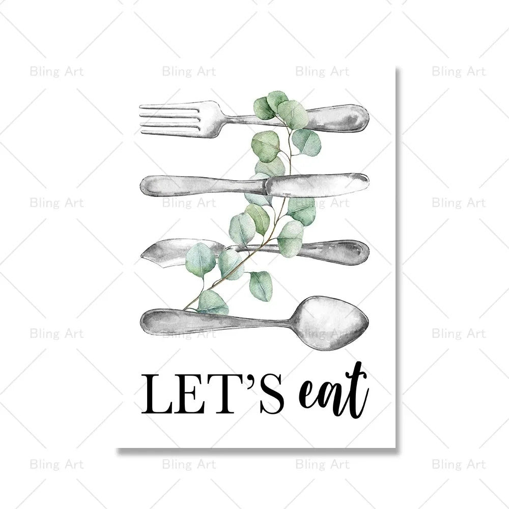 Let's Eat Art Print Kitchen Wall Decor Housewarming Gift Kitchen Utensils Leaf Wall Art Pictures Dining Room Canvas Painting